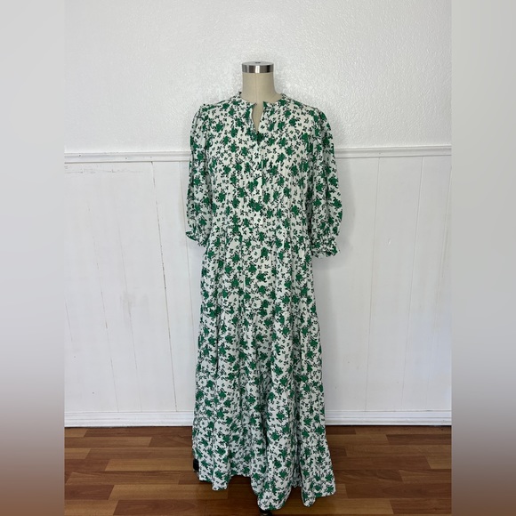 New ZARA green white floral maxi prairie boho tea dress S - Picture 2 of 9